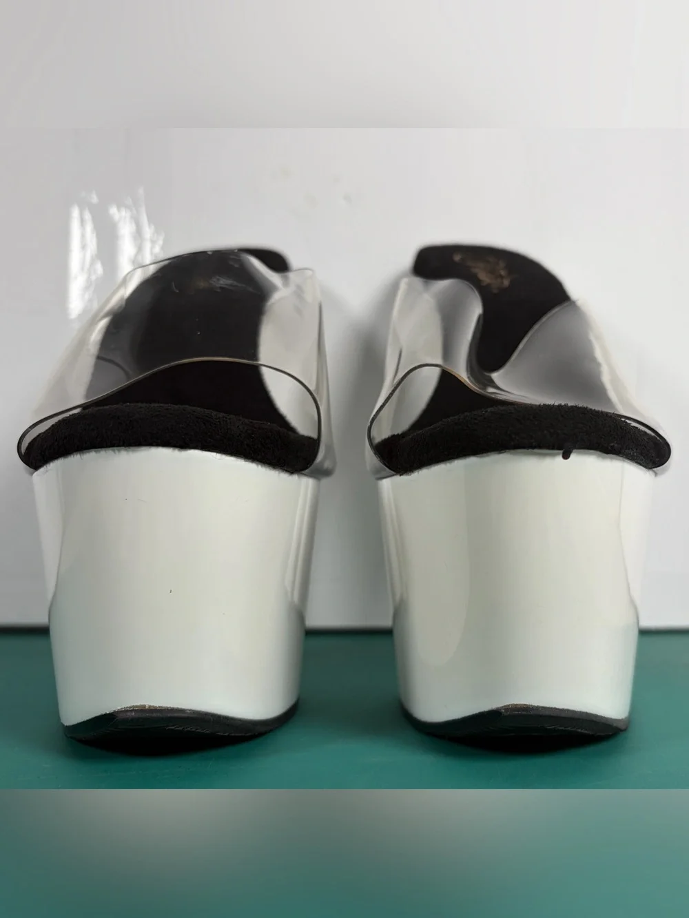 Pleaser Flamingo-801UV Clear White UV Reactive Platform Mule Heels Women’s